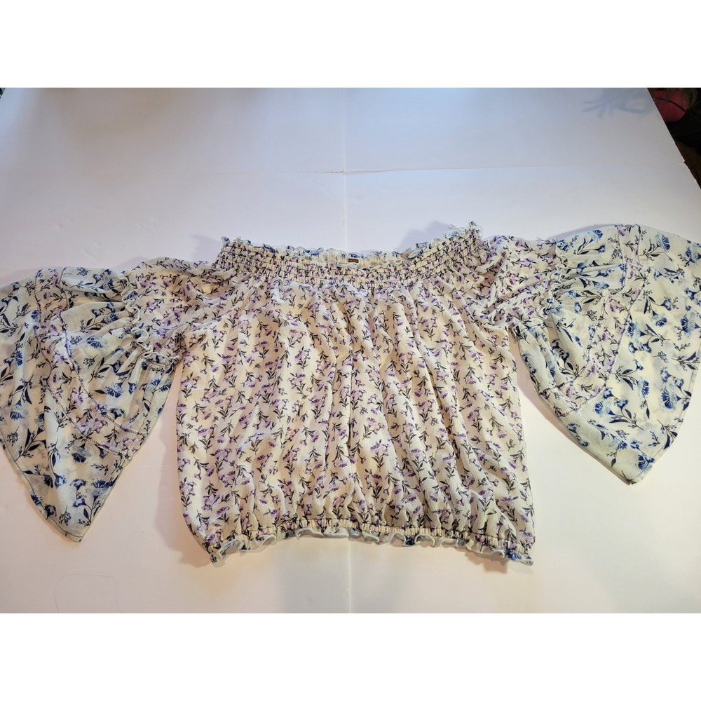 Free People Floral Smocked Off Shoulder Peasant Top Size Small Blue & Lavender - Picture 3 of 11